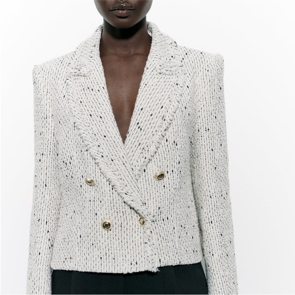 Zara Textured Double Breasted Tweed Crop Blazer size XS White - Picture 3 of 9